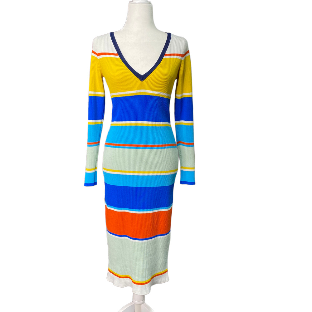 J. CREW | sz XS Women's Rainbow Striped Ribbed Long Sleeve V-Neck Sweater Dress